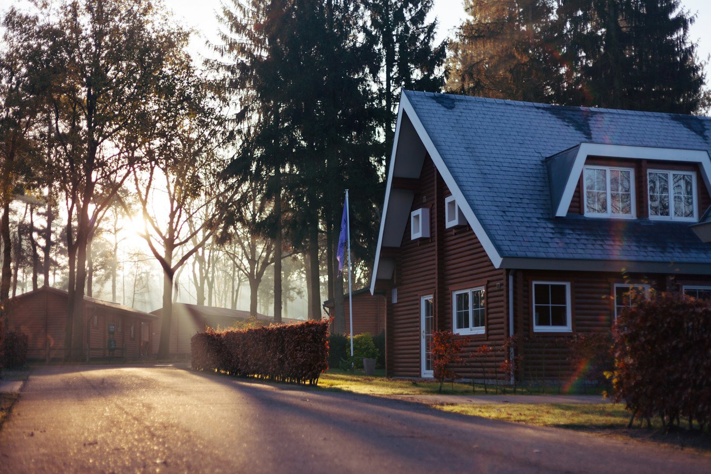 A timber house with a grey slate roof, a clipped hedge, a flag by the path, and low sun through tall trees
